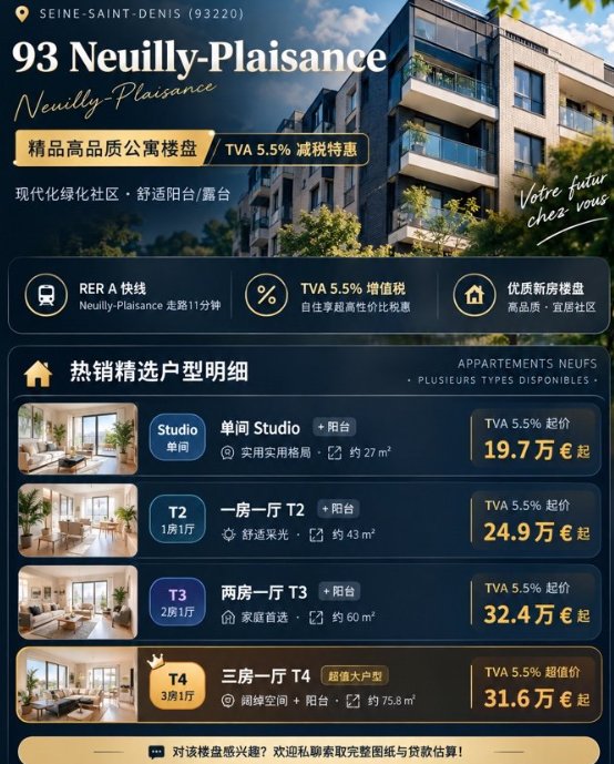 【Seine-Saint-Denis（93省）】Neuilly-Plaisance新楼盘出售（A线步