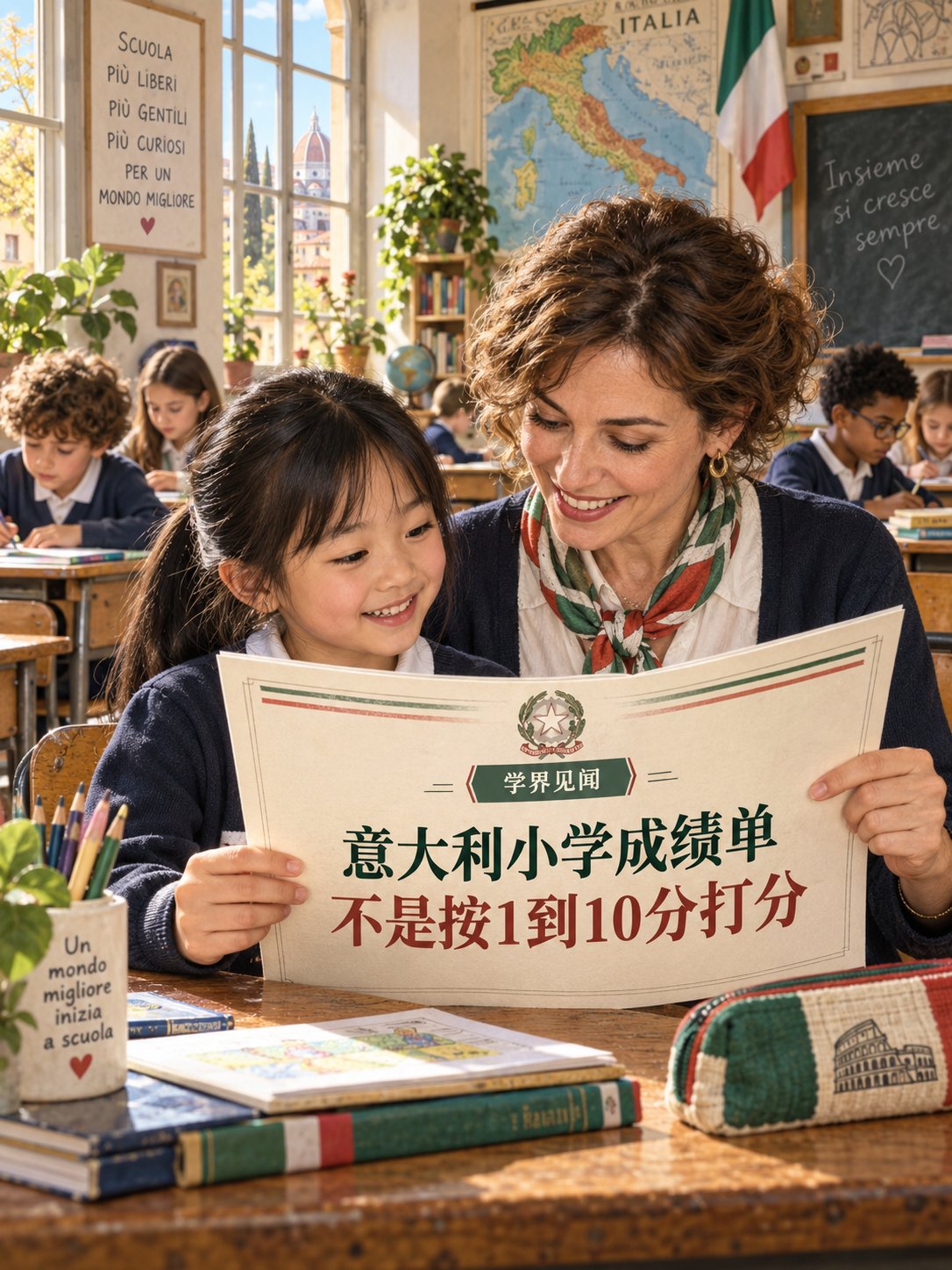 意大利小学成绩单，不是按1到10分打分
