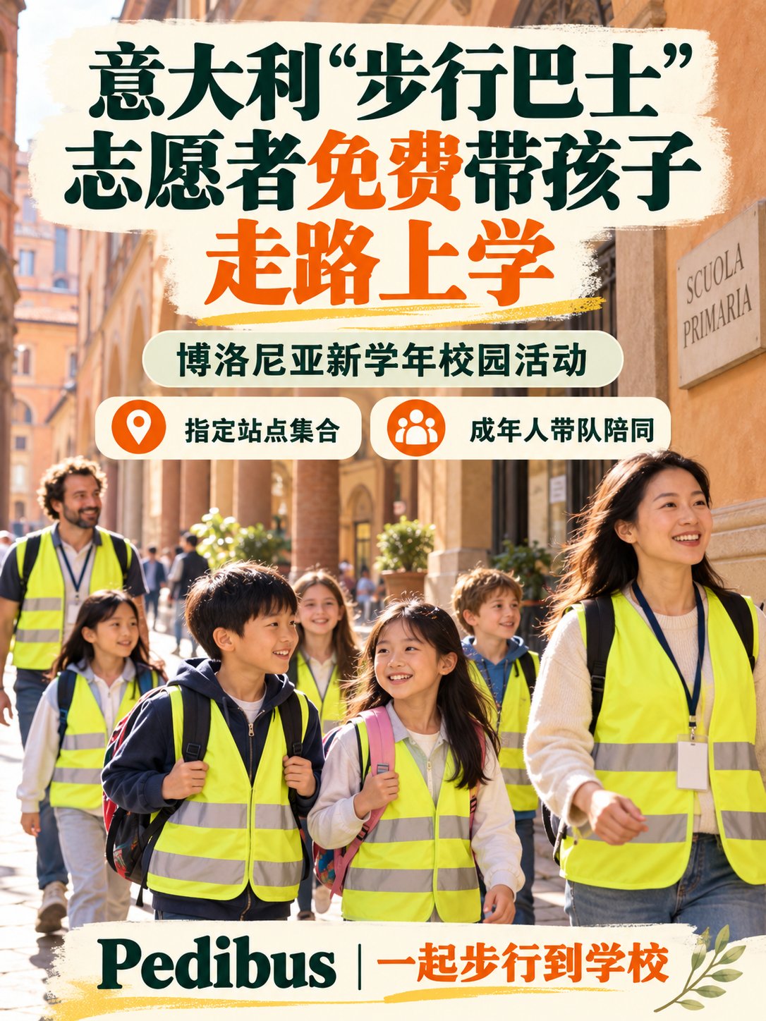 意大利“步行巴士”：志愿者免费带孩子走路上学
