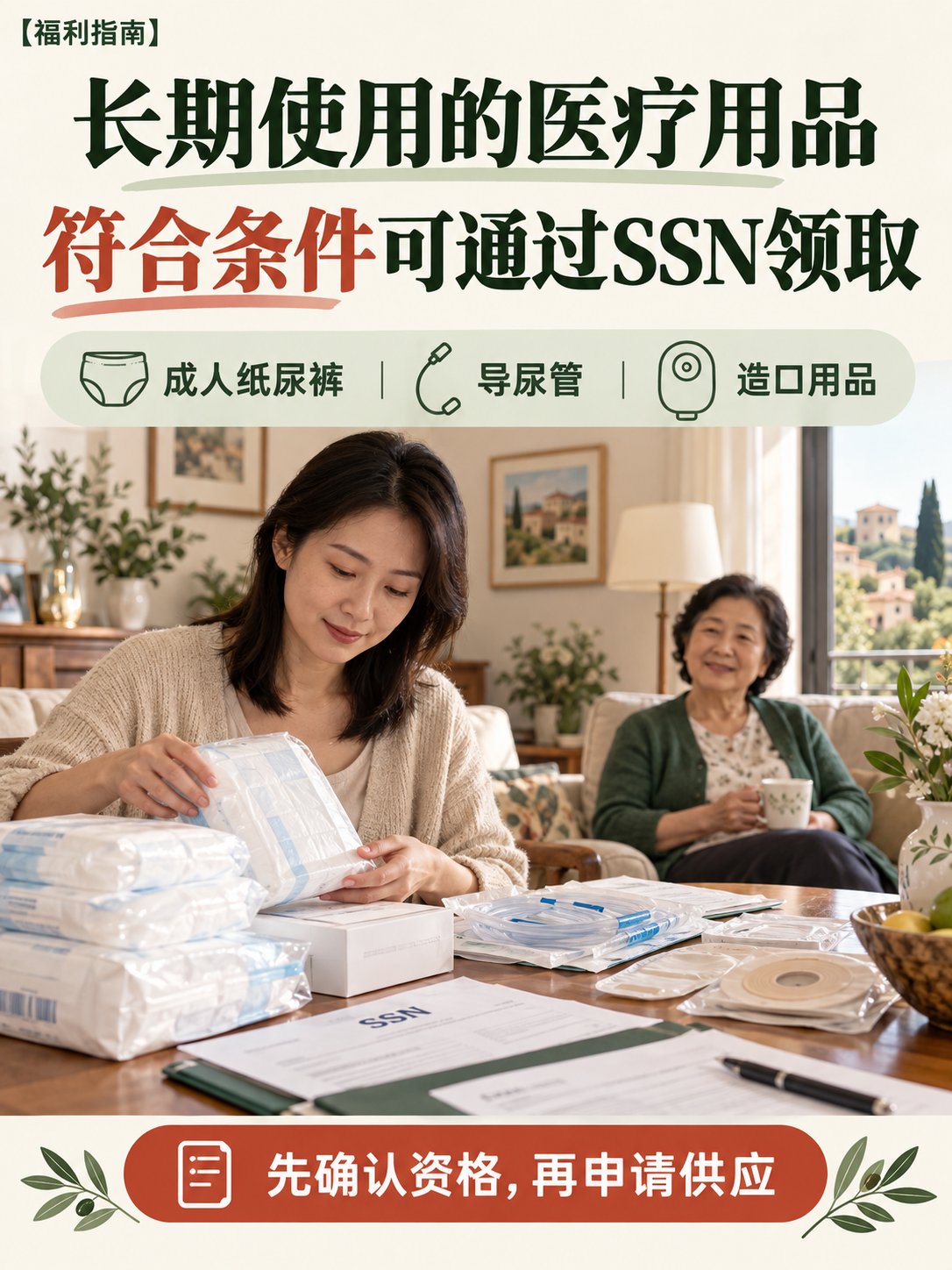 成人纸尿裤、导尿管等用品，符合条件可通过SSN领取