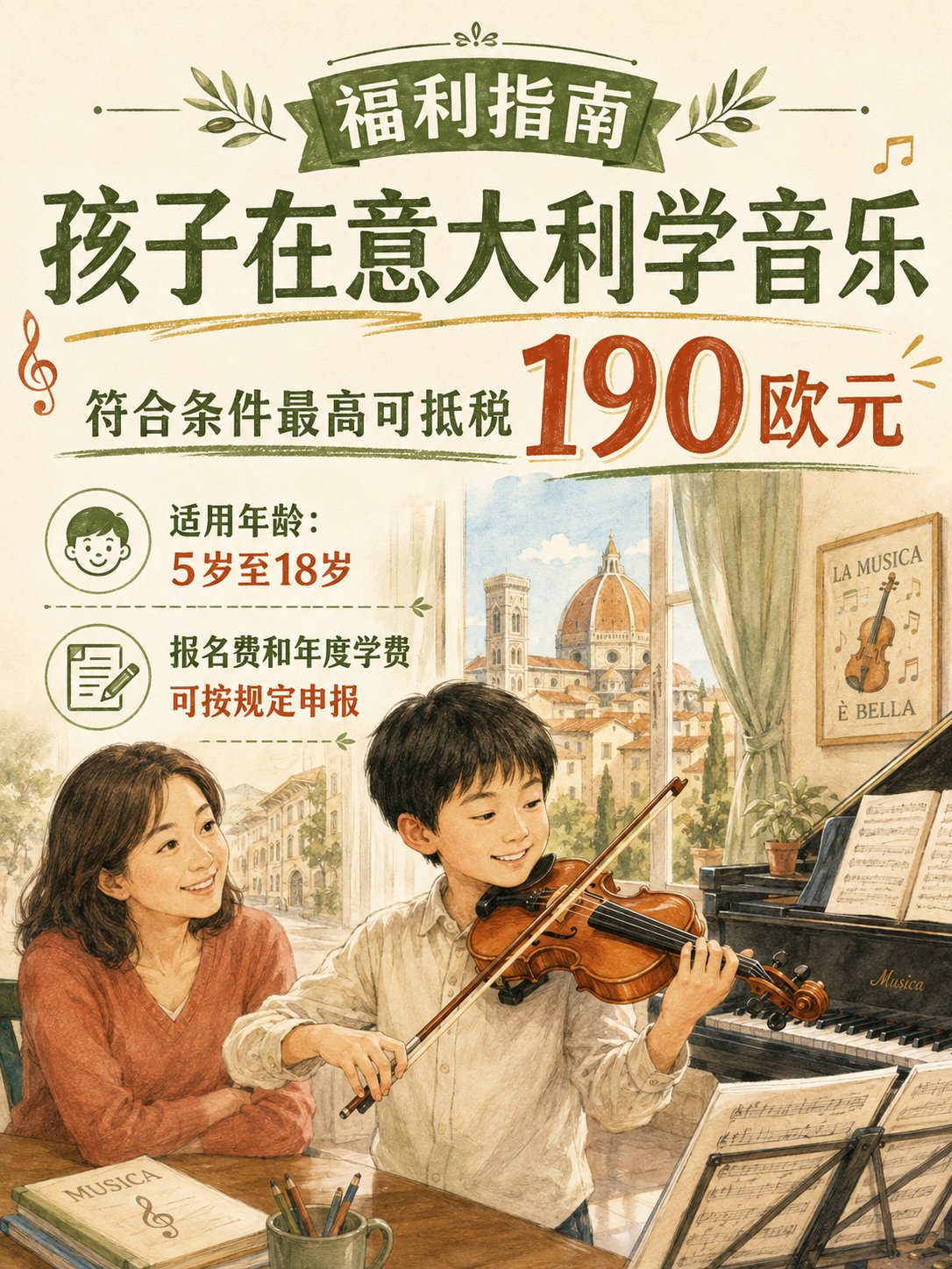孩子在意大利学音乐，符合条件最高可抵税190欧元