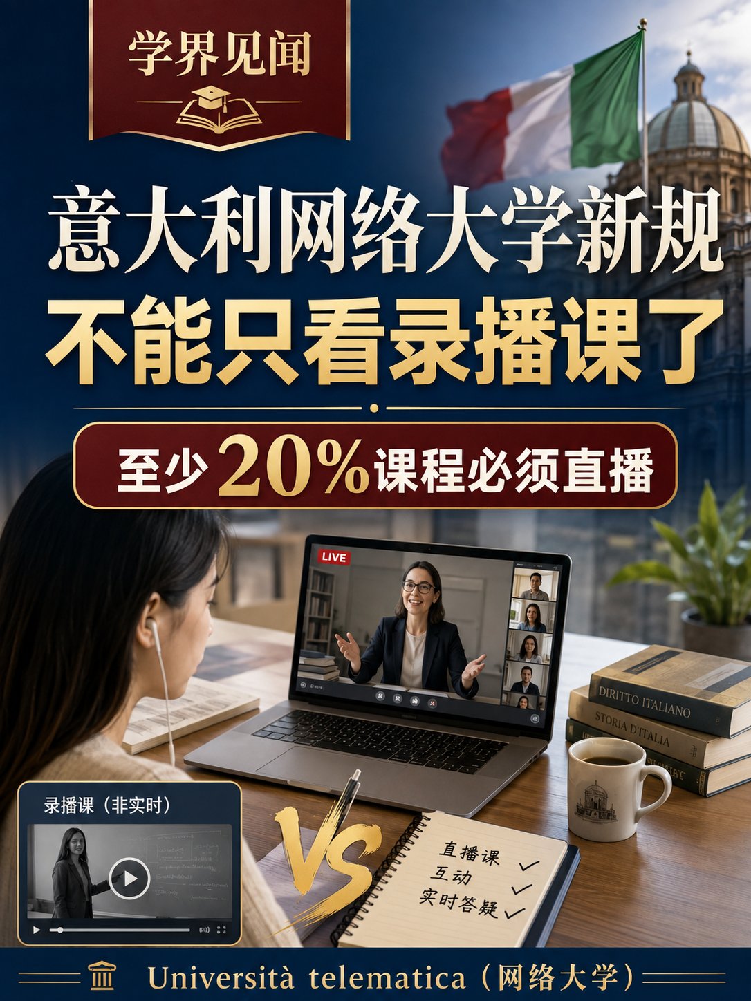意大利网络大学不能只看录播课了，至少20%课程必须直播