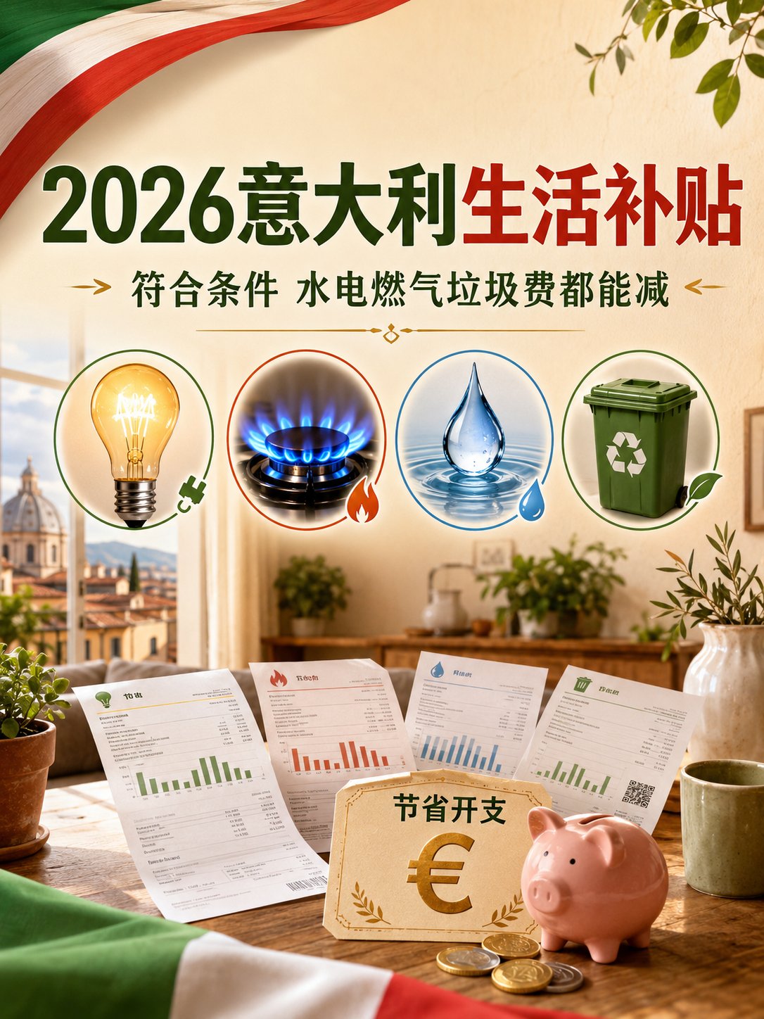 2026年意大利福利升级:水、电、燃气和垃圾费都能减免，符合条件自动到账