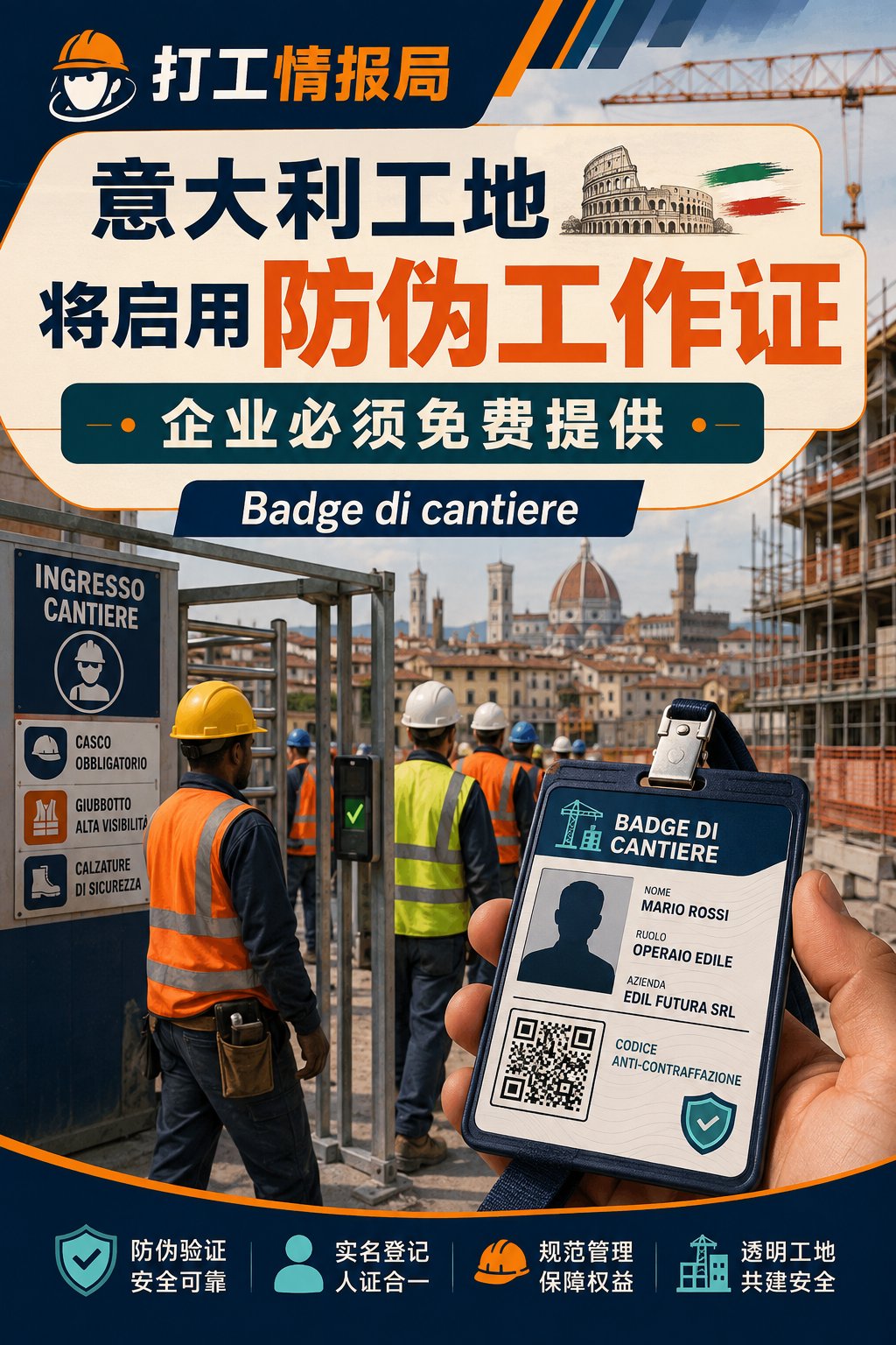 意大利工地将启用防伪工作证，必须由公司免费提供