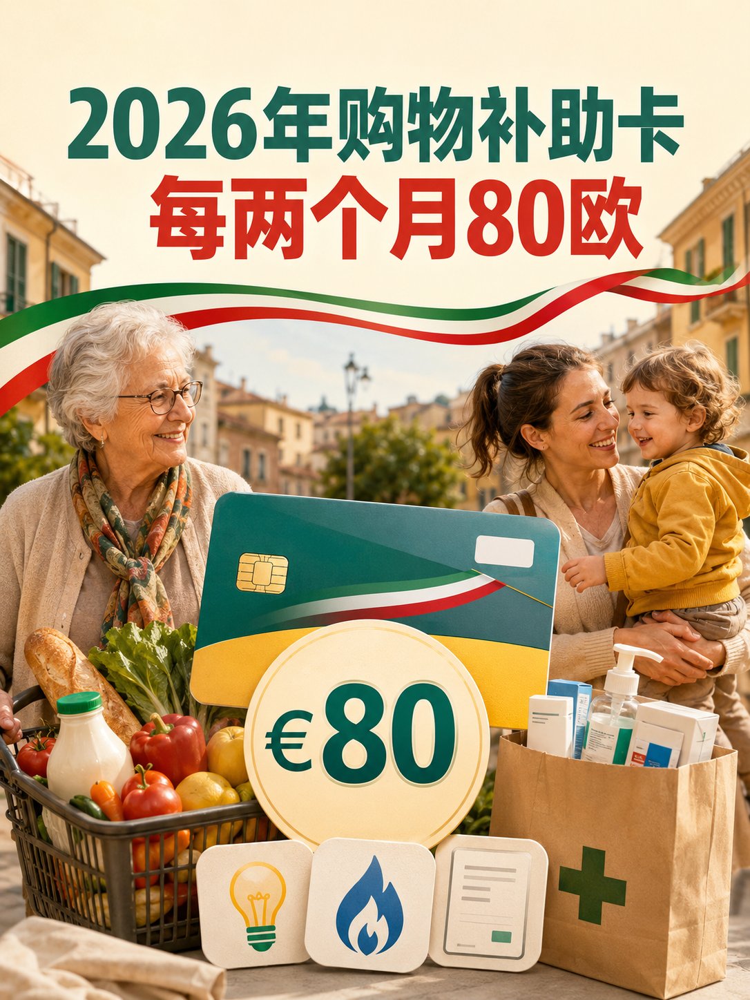 2026年意大利购物卡：每两个月发80欧，可买食品、药品和交水电费
