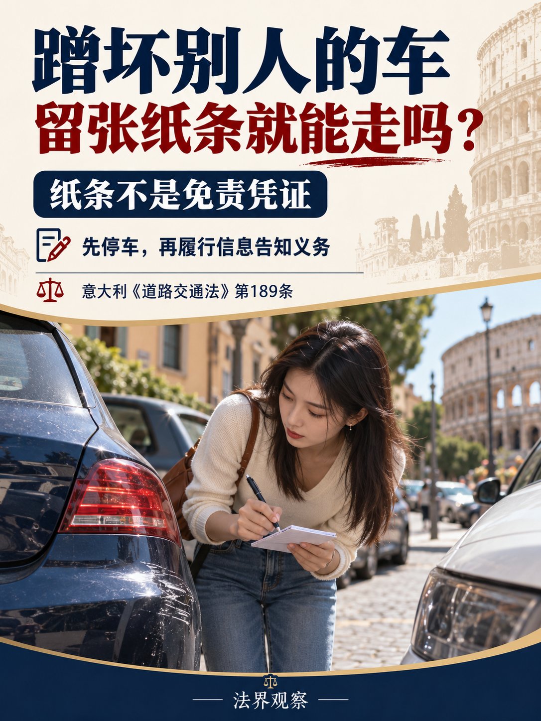 在意大利，蹭坏别人的车，留张纸条就能走吗？