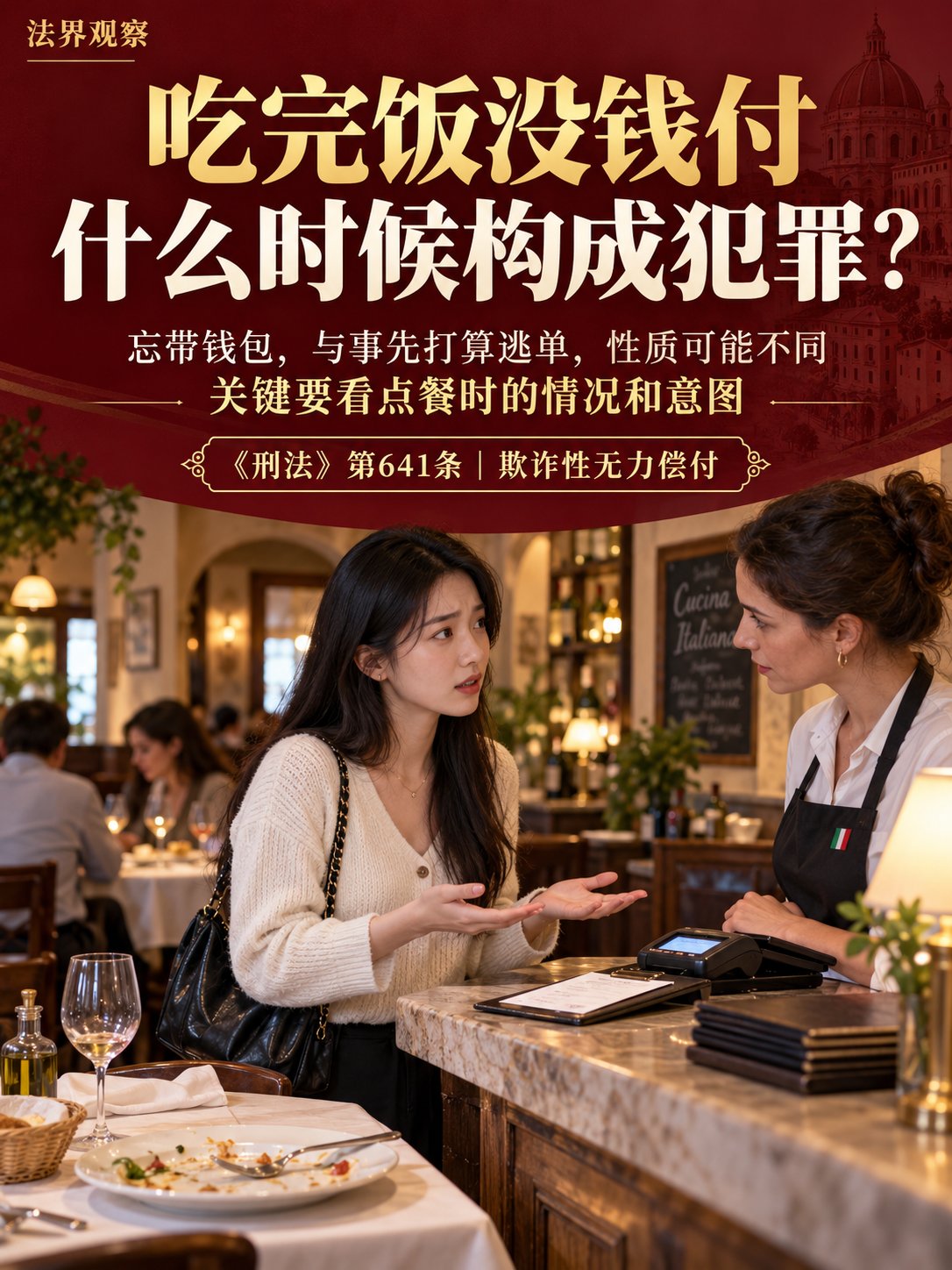 在意大利，吃完饭没钱付，什么时候会构成犯罪？