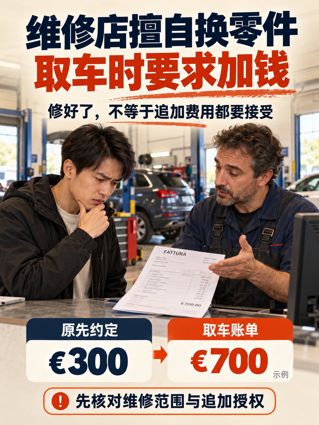 维修店擅自换零件，取车时要求加钱