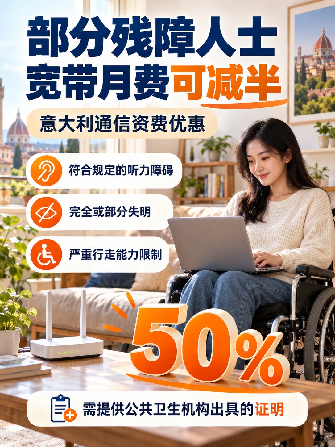 意大利部分残障人士，宽带月费可减半