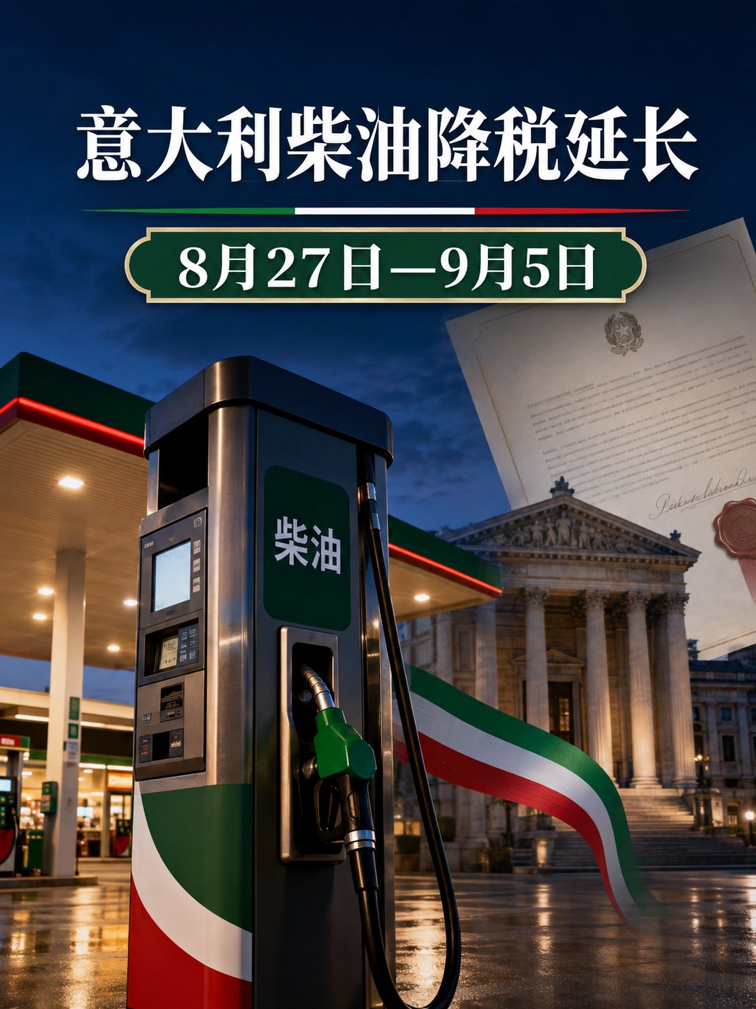 意大利柴油每升继续减17欧分，延长至9月5日