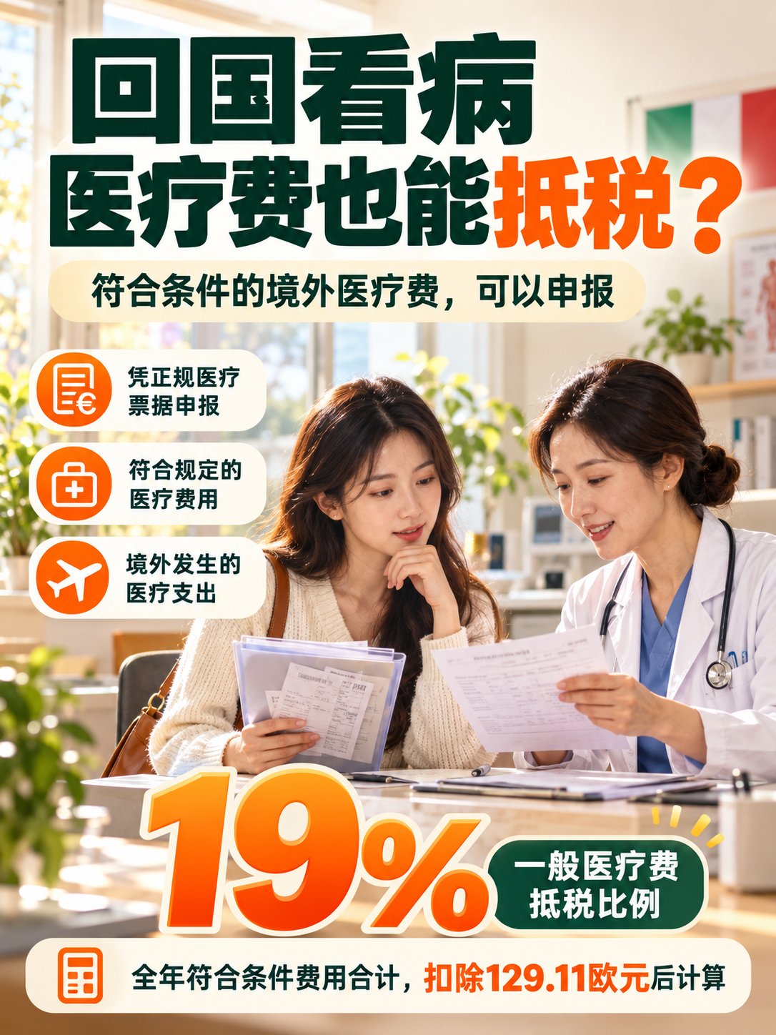 回中国看病花的钱，能在意大利报税抵扣吗？