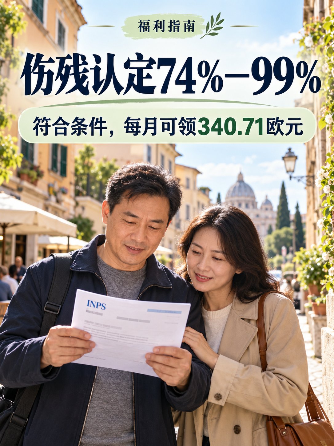伤残认定为74%—99%，每月可领340欧元