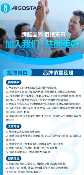 【马德里】爱国者高薪招聘品牌销售经理