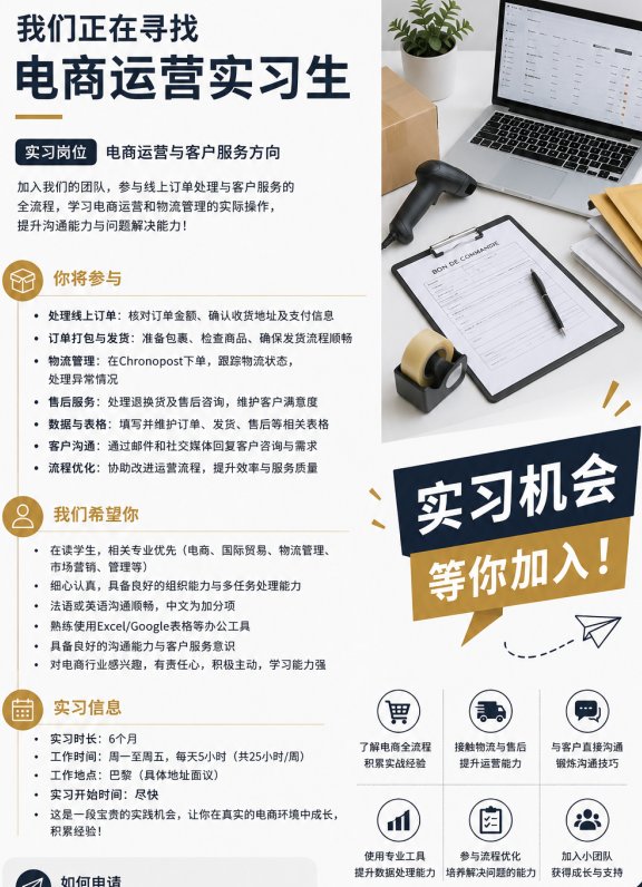 【小巴黎】招聘电商运营实习生（6个月，每周25小时）