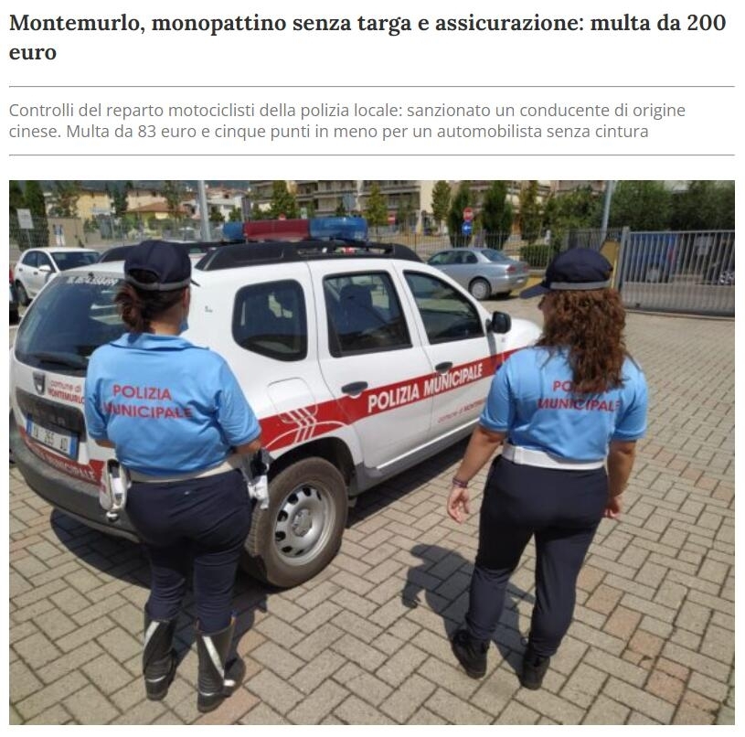普拉托Montemurlo严查电动滑板车：无牌照、无保险被罚200欧元
