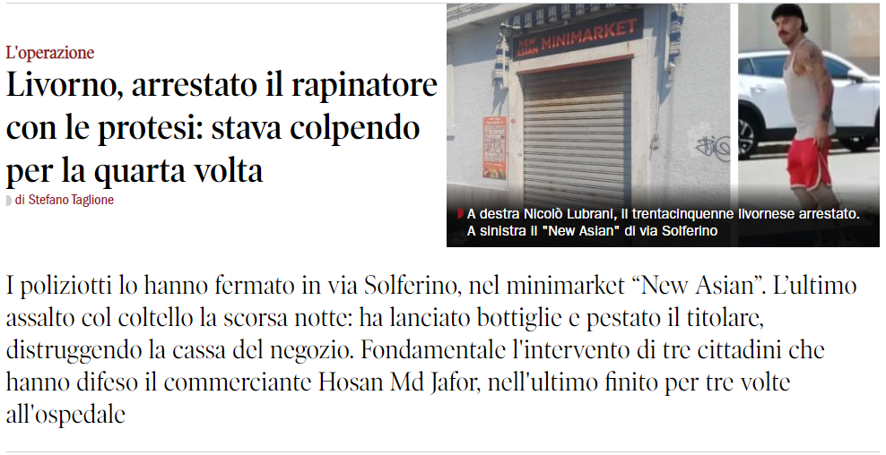 利沃诺便利店一个月内遭抢4次：假肢男子持刀再犯，3名路人出手相助后被捕