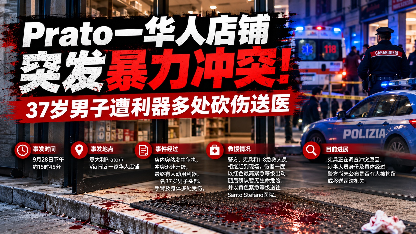 Prato一华人店铺突发暴力冲突  37岁男子遭利器多处砍伤，警方介入调查